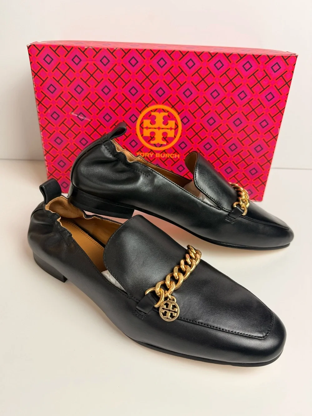 Tory Burch Mini Benton Charm 20mm Loafers Black Calf Leather Gold Chain 8 & 8.5